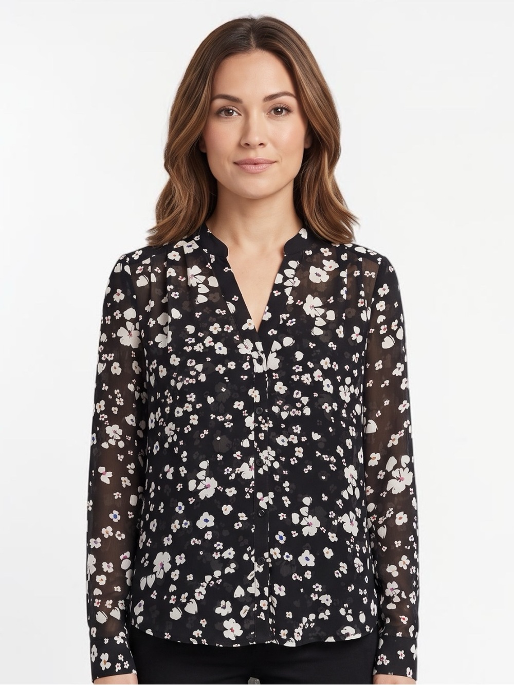 Cabi Delight Blouse Black White Floral Sheer Chiffon Button Up Top Size M #6079